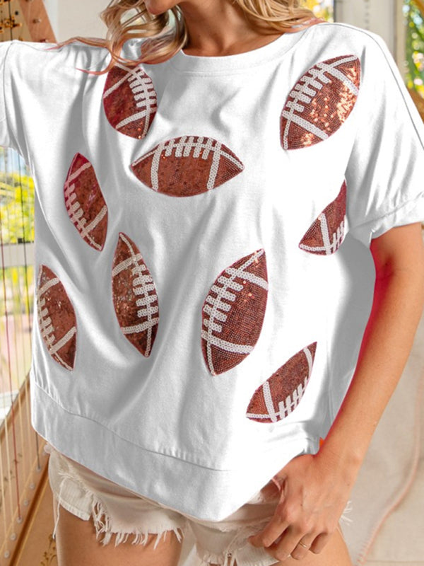 WW | Lässig Sommer Pailletten Rugby Rundhals Pullover T-Shirt Kurzarm Top