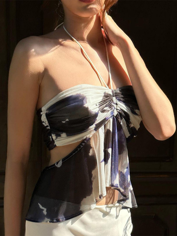WW | Damen neue Farbzusammenstellung plissierte Mode Druck Halterhals Tube Top