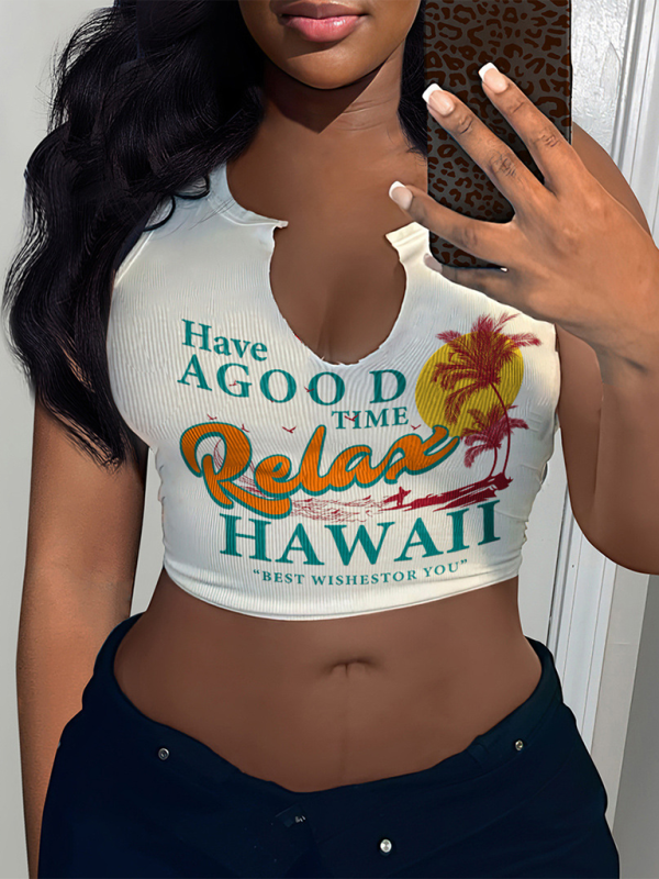 WW | Damenmode Sexy Buchstaben bedrucktes T-Shirt Ärmelloses Top U-Ausschnitt Kleines Top
