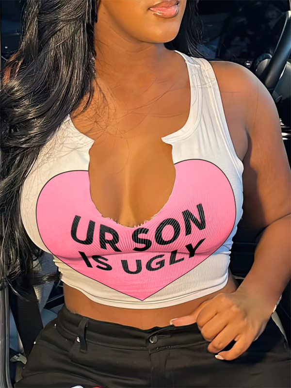 WW | Damenmode Sexy Buchstaben bedrucktes T-Shirt Ärmelloses Top U-Ausschnitt Kleines Top