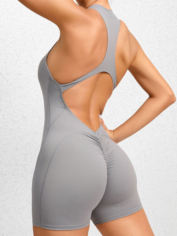 WW | Enganliegende Reißverschluss-Sport-Yoga-Hosen Pfirsich Hüften Einteiler schnelltrocknend plissierter Fitness-Jumpsuit