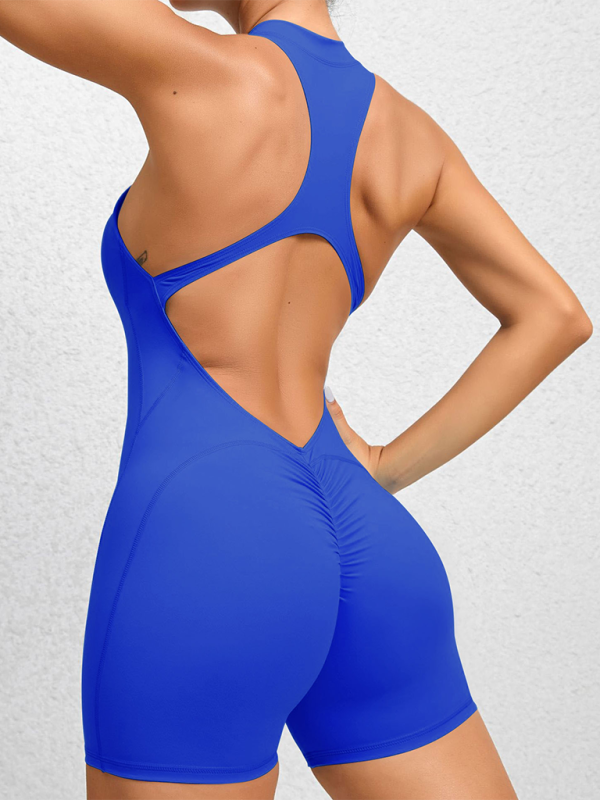 WW | Enganliegende Reißverschluss-Sport-Yoga-Hosen Pfirsich Hüften Einteiler schnelltrocknend plissierter Fitness-Jumpsuit