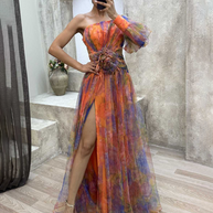 WW | Neue Party-Mesh-Schulter-Schlitzenkleid INS Lässige Modekleider