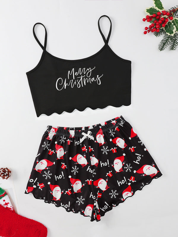 WW | Weihnachtsbrief Elch Weihnachtsmütze Print ärmelloses Oberteil Shorts einfach lässig Zweiteiler Hauskleidung
