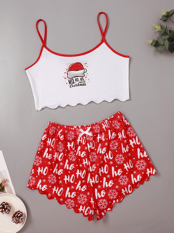 WW | Weihnachtsbrief Elch Weihnachtsmütze Print ärmelloses Oberteil Shorts einfach lässig Zweiteiler Hauskleidung