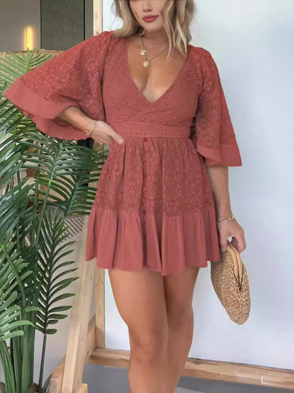 WW | Neues Frauen Spitzen Patchwork Bat Ärmel Kleid
