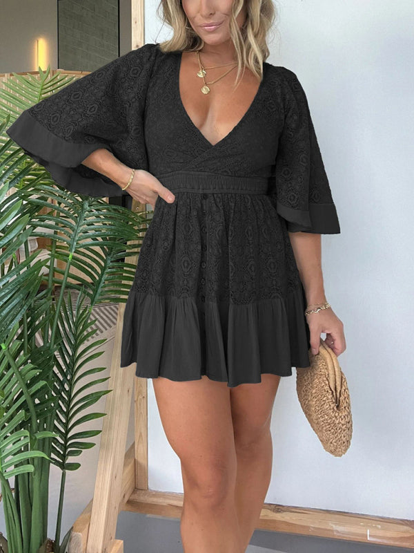 WW | Neues Frauen Spitzen Patchwork Bat Ärmel Kleid