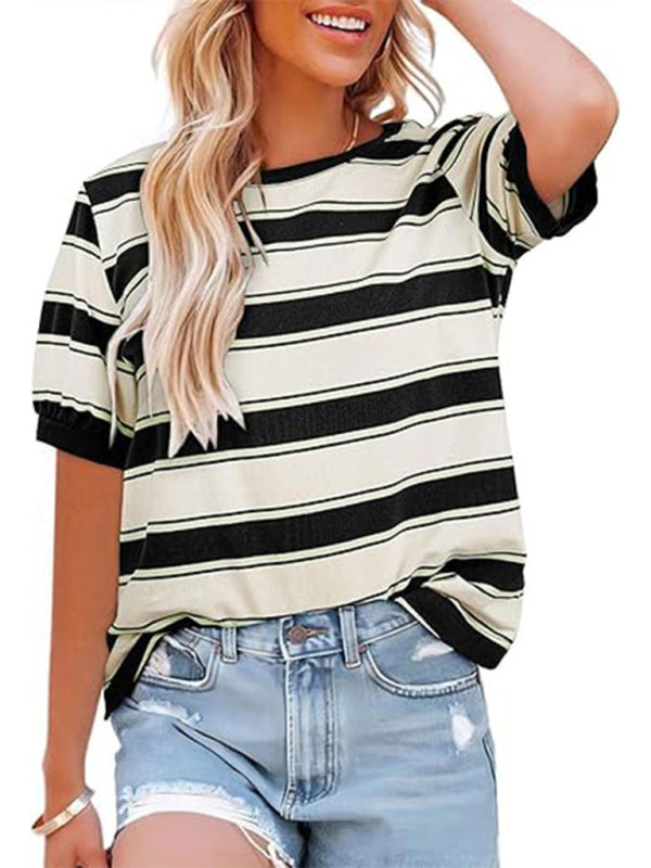 WW | Frauen Rundhals Buntes Patchwork Große Gestreifte Lockere T-Shirt