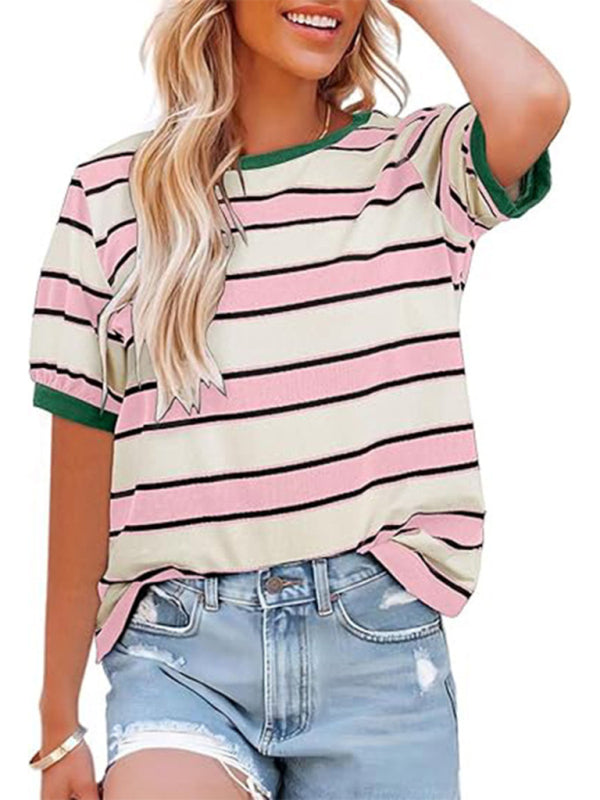 WW | Frauen Rundhals Buntes Patchwork Große Gestreifte Lockere T-Shirt
