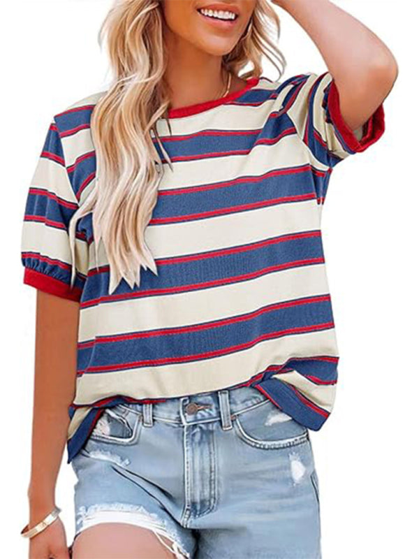 WW | Frauen Rundhals Buntes Patchwork Große Gestreifte Lockere T-Shirt