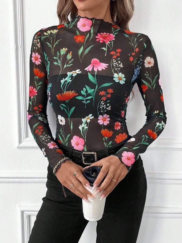 WW | Damen Sexy Leopardenmuster Mesh Rüschentop T-Shirt