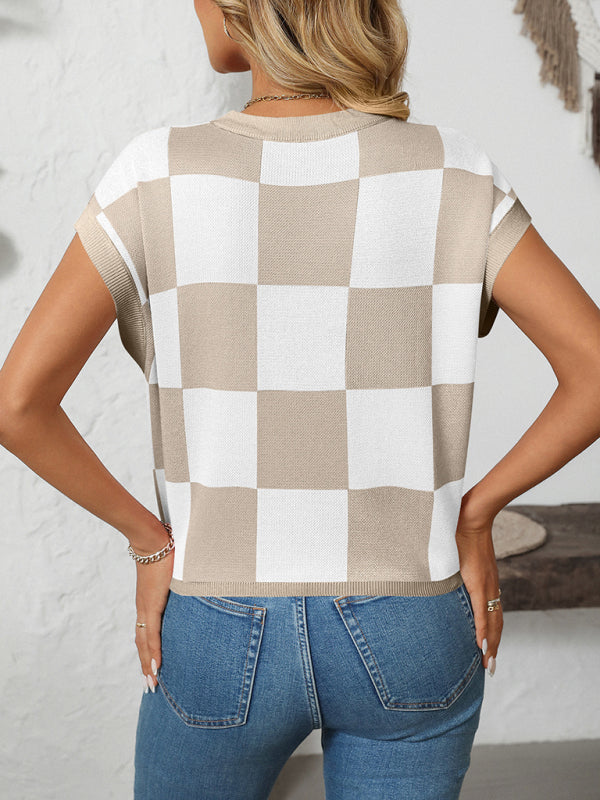 WW | Colorblock Rundhalsausschnitt Schachbrett Pullover