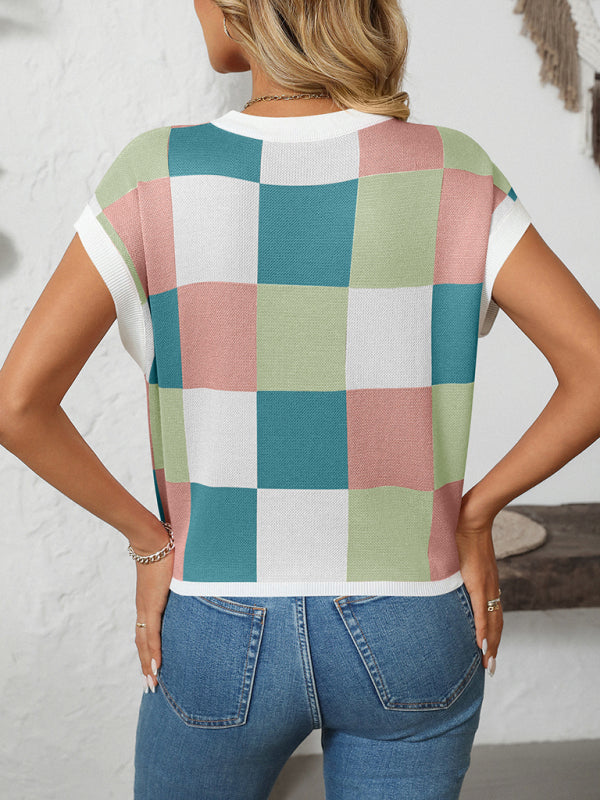 WW | Colorblock Rundhalsausschnitt Schachbrett Pullover