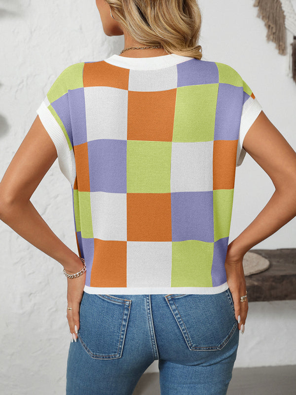 WW | Colorblock Rundhalsausschnitt Schachbrett Pullover