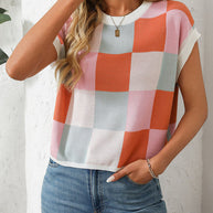 WW | Colorblock Rundhalsausschnitt Schachbrett Pullover