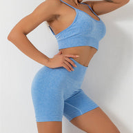 WW | Damen Nahtloses Unifarbenes Cami Yoga Sport BH + Shorts Zweiteiliges Set