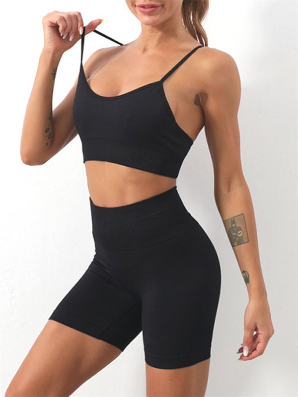 WW | Damen Nahtloses Unifarbenes Cami Yoga Sport BH + Shorts Zweiteiliges Set