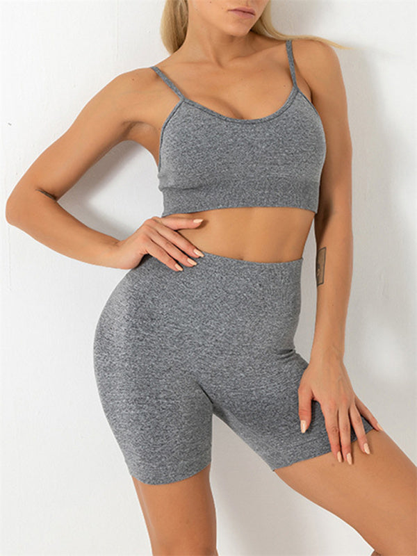 WW | Damen Nahtloses Unifarbenes Cami Yoga Sport BH + Shorts Zweiteiliges Set