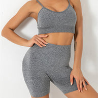 WW | Damen Nahtloses Unifarbenes Cami Yoga Sport BH + Shorts Zweiteiliges Set