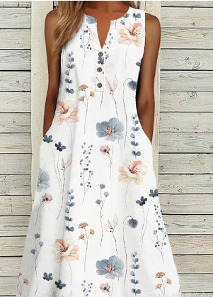 WW | Mini Kleid Ohne Ärmel mit Frischem Pflanzenmuster