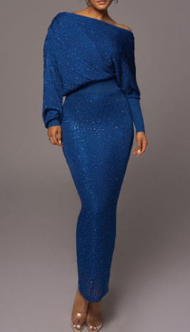 W&W Mode Abendkleid | Elegantes festliches, schulterfreies Kleid mit goldenen Pailletten