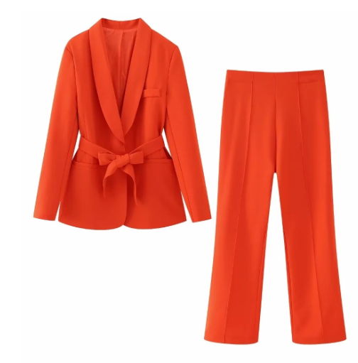 W&W Mode 2-teiliger Damenanzug | Eleganter Blazer mit Gürtel und passender Hose