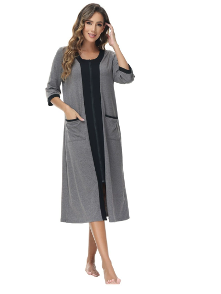 Damen Langer Bademantel mit Kapuze und Taschen WW