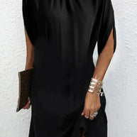 WW | Modern Schwarz Midi Kleid mit Stehkragen