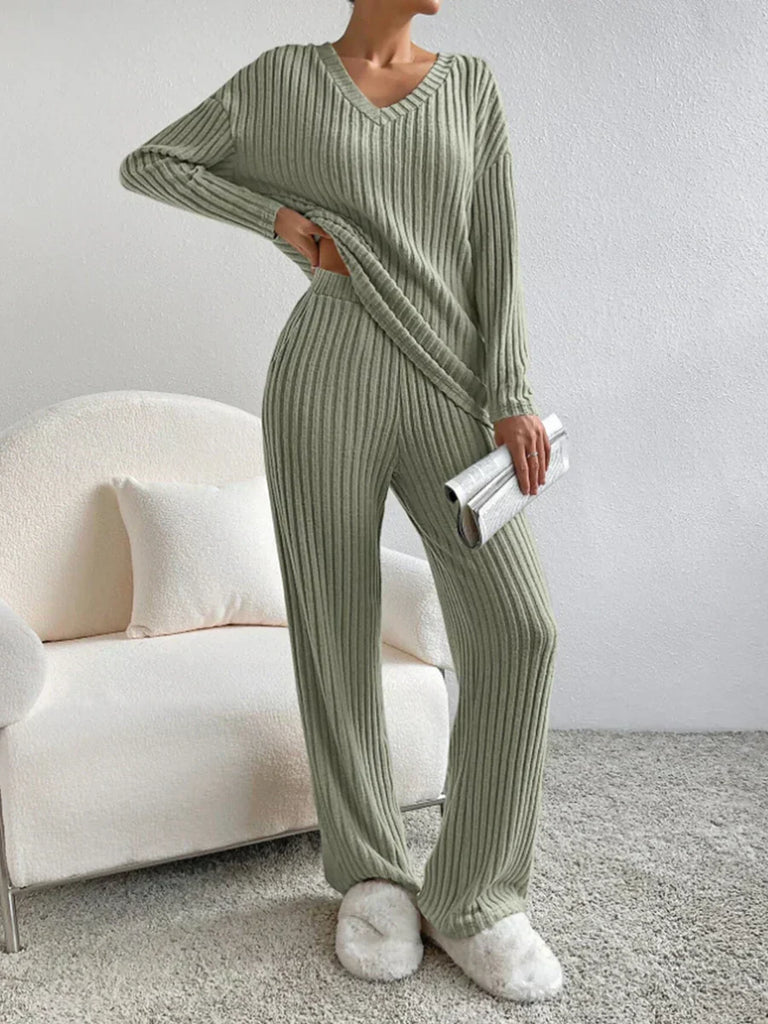 WW | Schickes und Stilvolles Herbst V-Ausschnitt Rippen Lounge Set für Damen