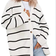 WW | Strickjacke Übergröße Passform Gestrickte Rippstruktur Knopf V-Ausschnitt