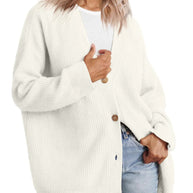 WW | Strickjacke Übergröße Passform Gestrickte Rippstruktur Knopf V-Ausschnitt