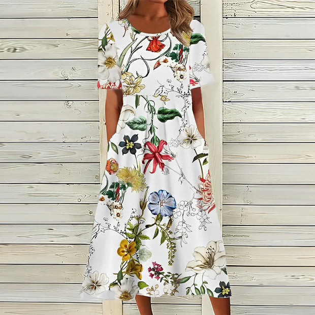WW | Elegantes weißes blumiges Midikleid für Damen
