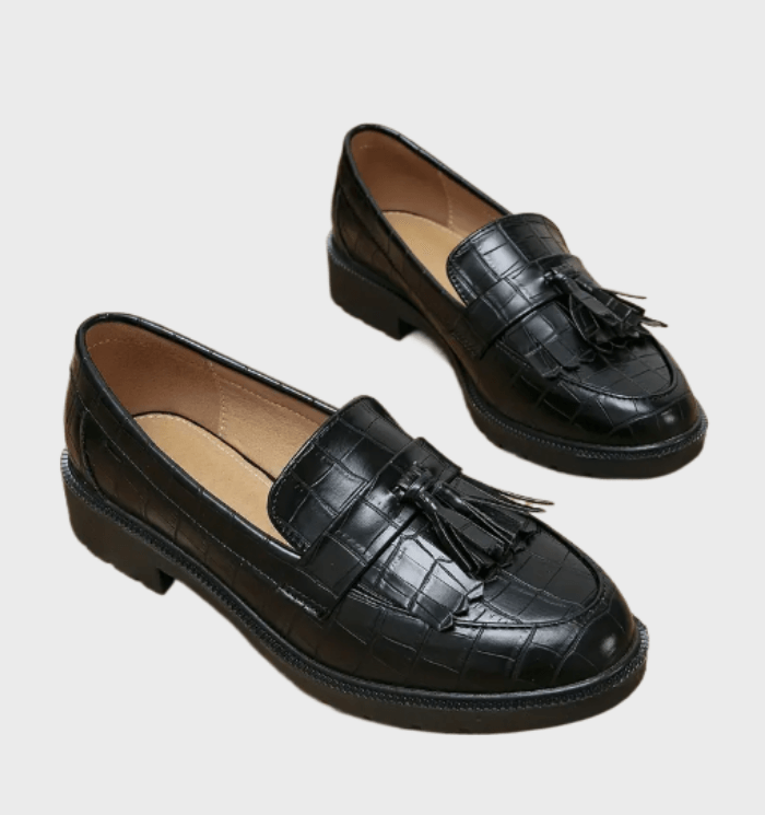 W&W Mode | Schwarze Loafer Mit Quasten Und Mustersdesign