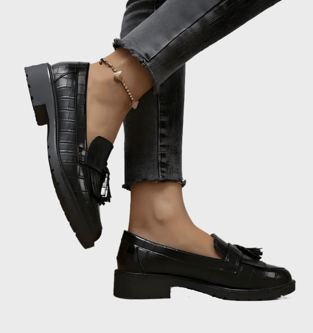 WW | Schwarze Loafer Mit Quasten Und Mustersdesign