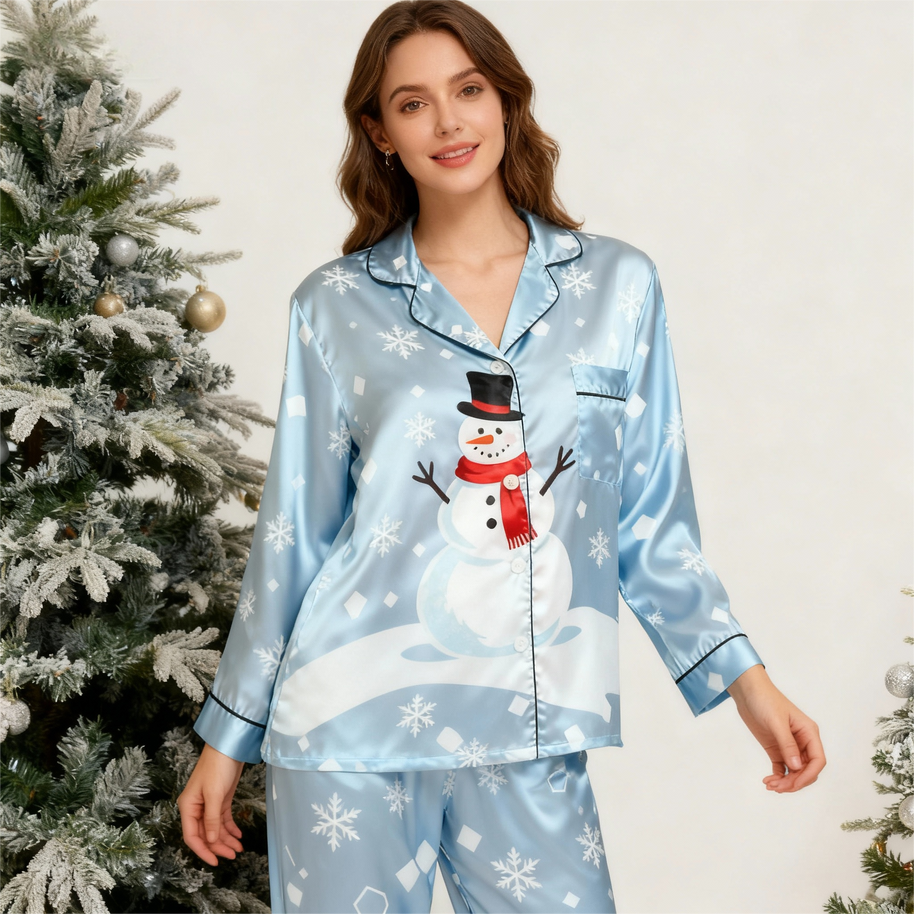 WW | Holiday Family Button-Up Himmelblau Satin Weihnachten Schlafanzug Set