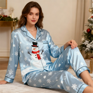 WW | Holiday Family Button-Up Himmelblau Satin Weihnachten Schlafanzug Set