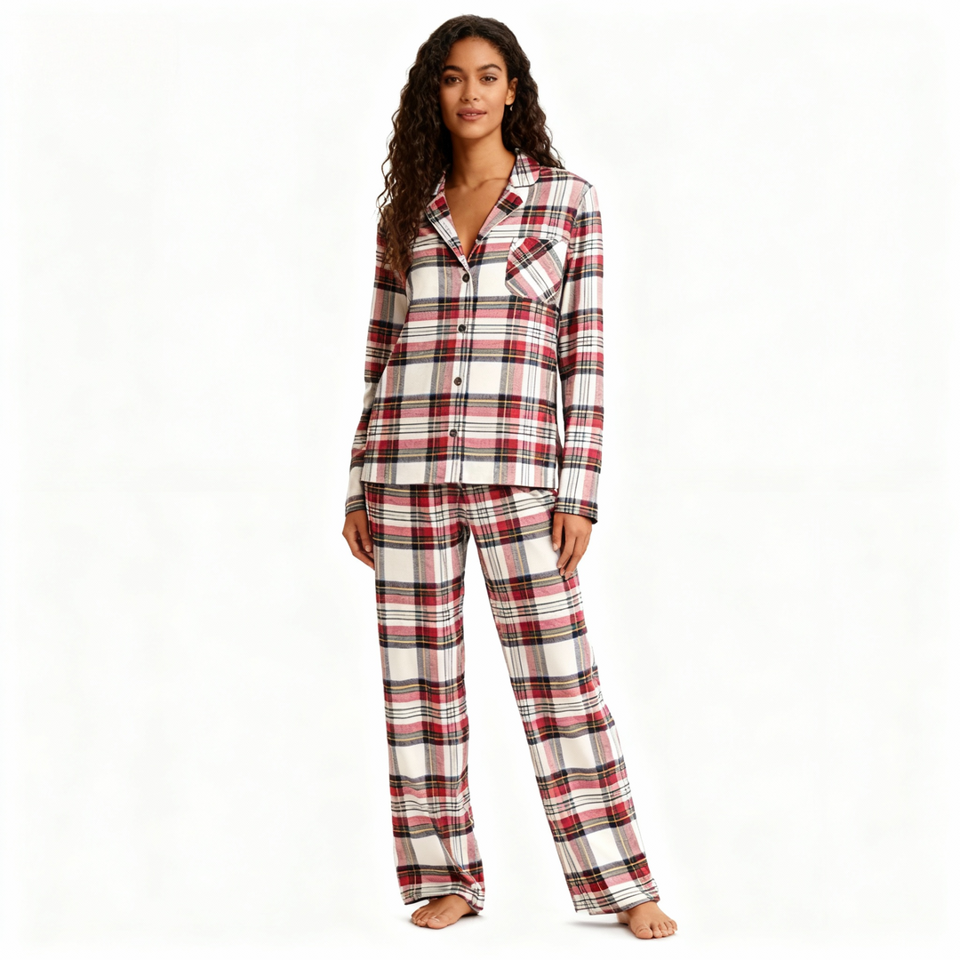 W&W Mode | Urlaub Familie Rot Karierte Knopf-Front Weihnachts-Pyjama Set