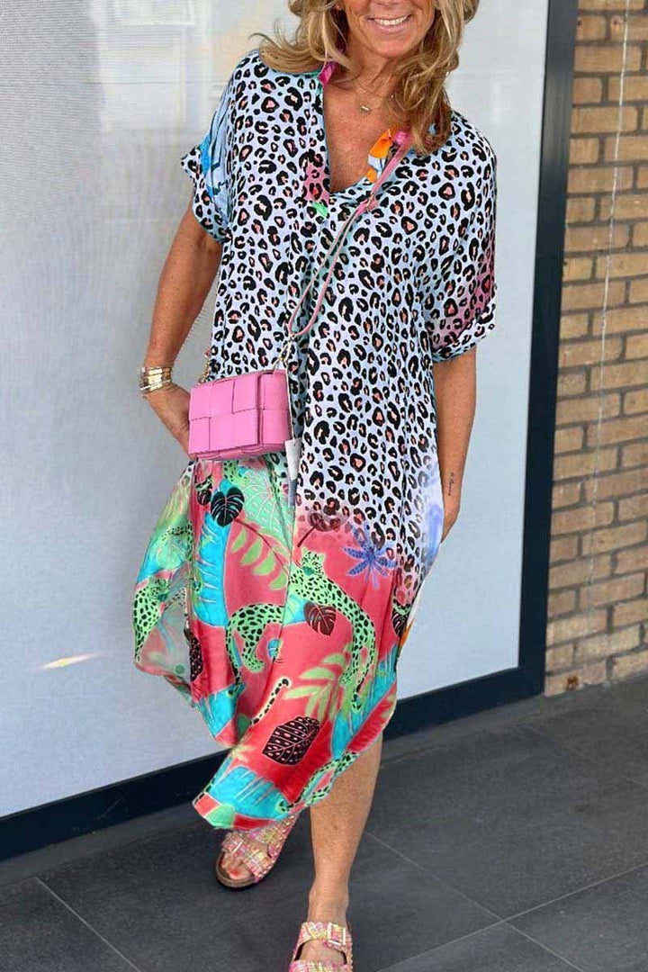 Damen Freizeitkleid mit Leopardenmuster und kurzen Ärmeln