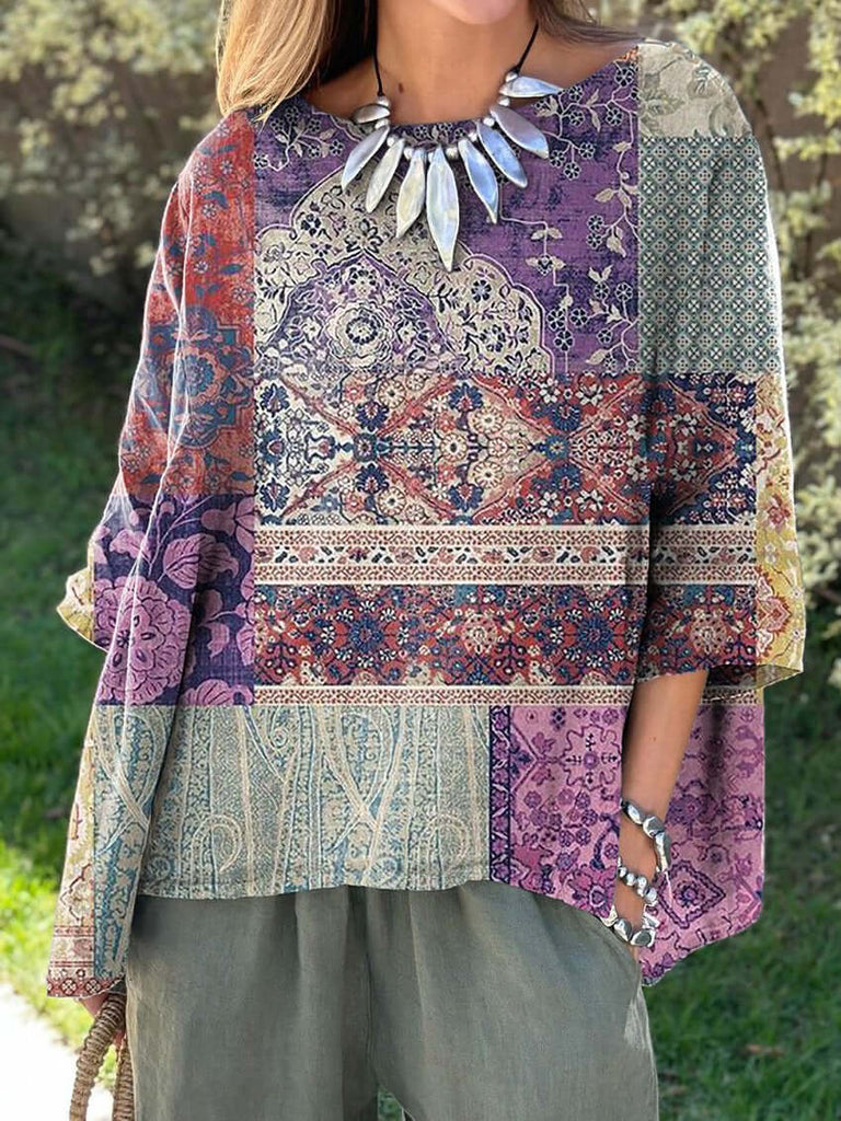 WW | Stil Patchwork-Muster gedruckte Damen Freizeit Baumwoll- und Leinenhemd