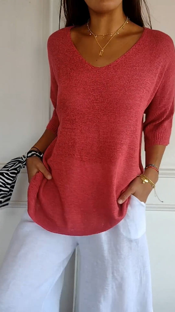 WW | Unifarbenes Stricktop mit V-Ausschnitt