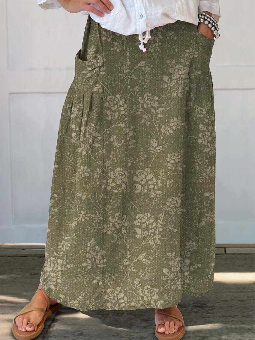 WW | Vintage Blumen Leinen Elastischer Taillenbund Rock mit Taschen