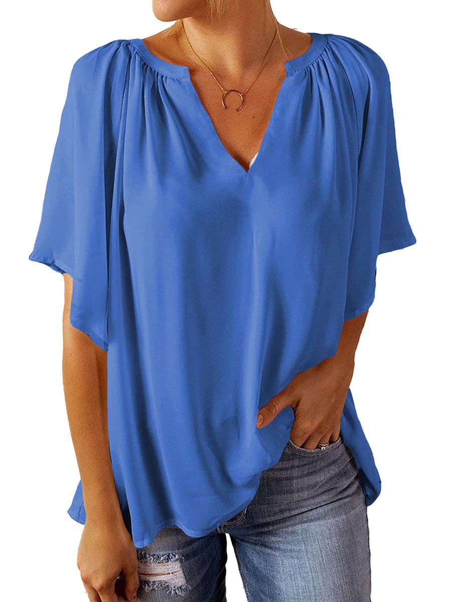 WW | Casual V Neck Loose Chiffon Tunika Bluse mit Falten