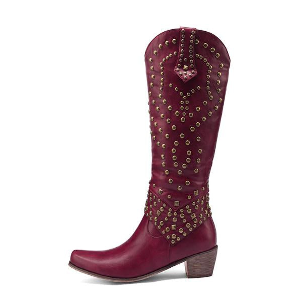 W&W Mode - Hohe Stiefel Mit Metallnieten Und Kobigem Absatz