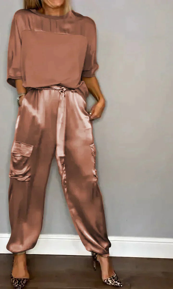 W&W Mode | Zweiteiliges Satinanzug Mit Mittellanger Bluse Und Hose Für Damen