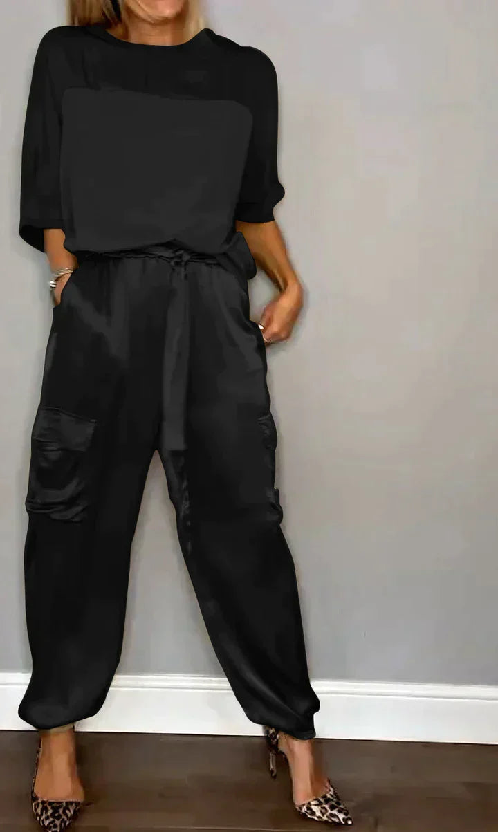 Damen Satin-Set mit Oberteil und Hose
