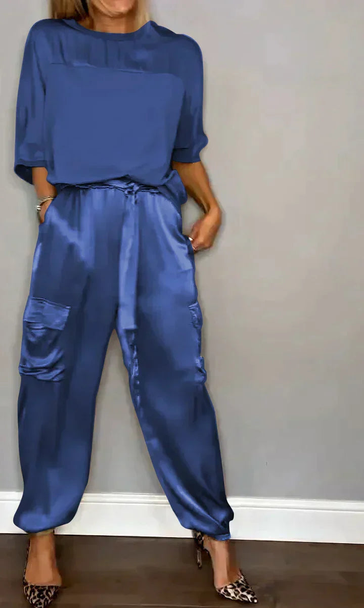 Damen Satin-Set mit Oberteil und Hose