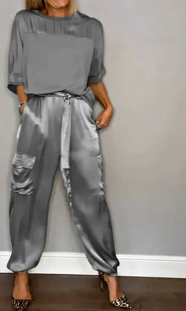 WW | Einfarbiges Satin Frauenbluse mit halben Ärmeln und Hose Zweiteiliges Anzug mit Bluse und Hose