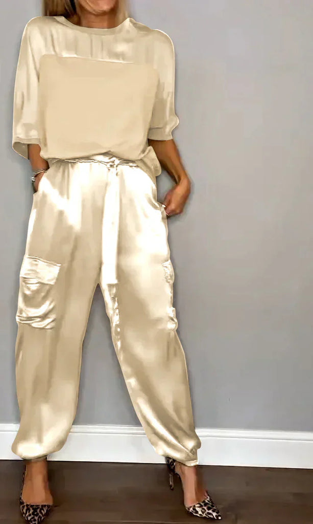 WW | Einfarbiges Satin Frauenbluse mit halben Ärmeln und Hose Zweiteiliges Anzug mit Bluse und Hose