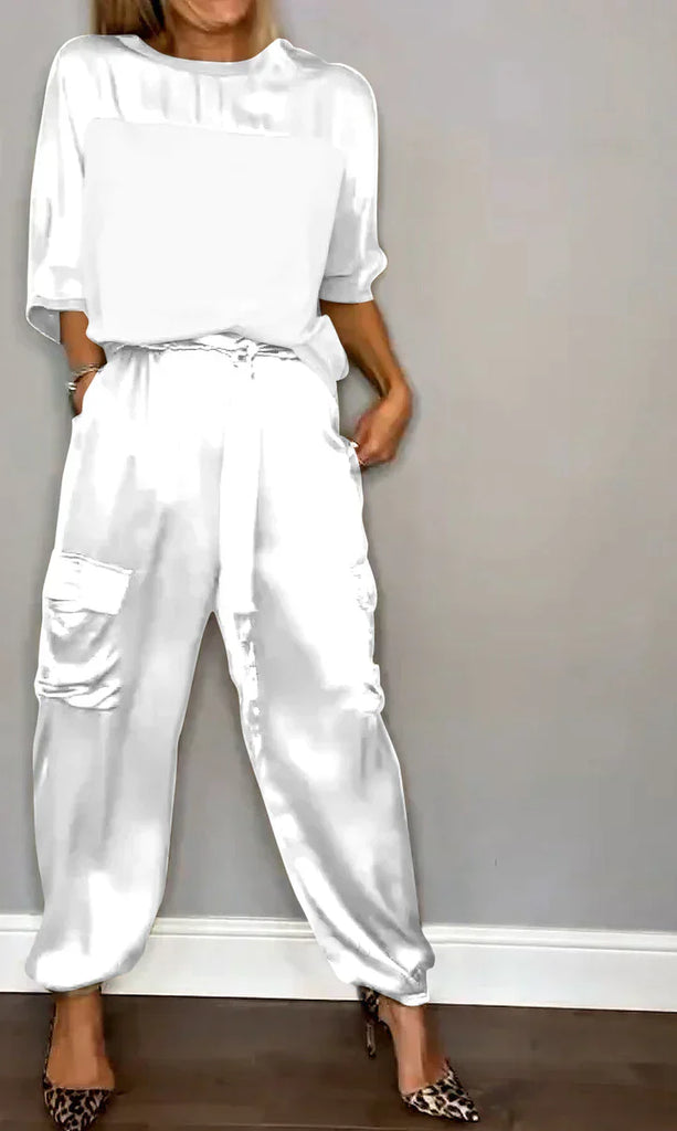 WW | Einfarbiges Satin Frauenbluse mit halben Ärmeln und Hose Zweiteiliges Anzug mit Bluse und Hose