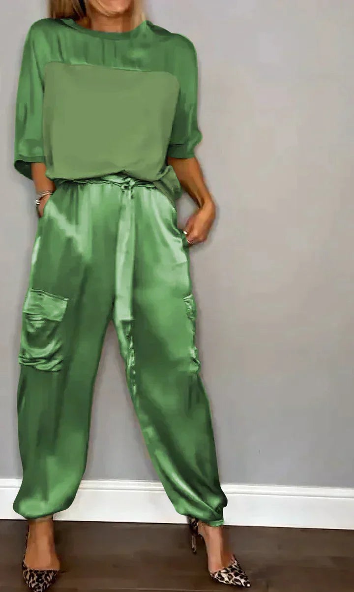 Damen Satin-Set mit Oberteil und Hose